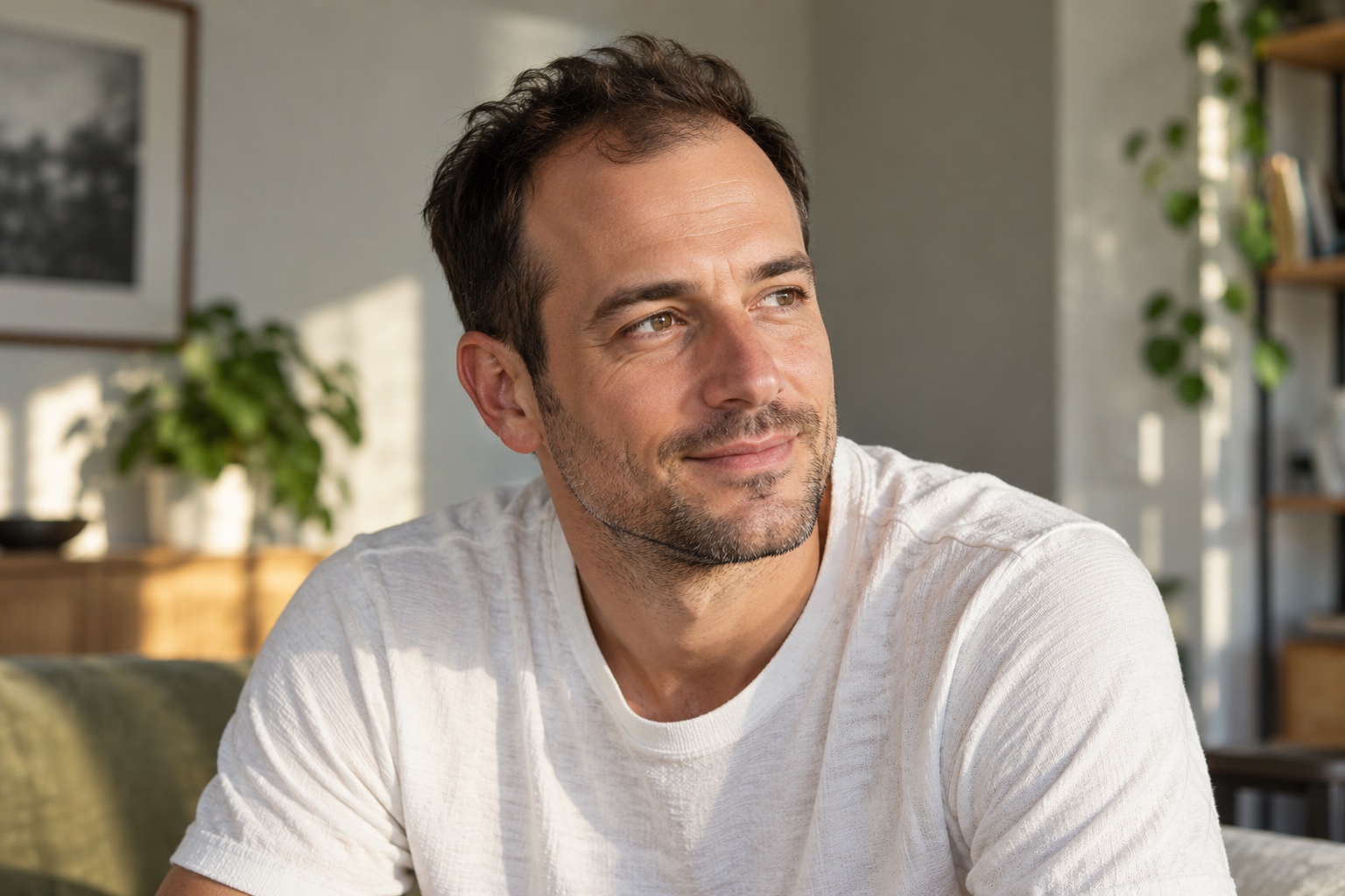 Editorial portrait illustration of an adult man with short, mildly receding hair