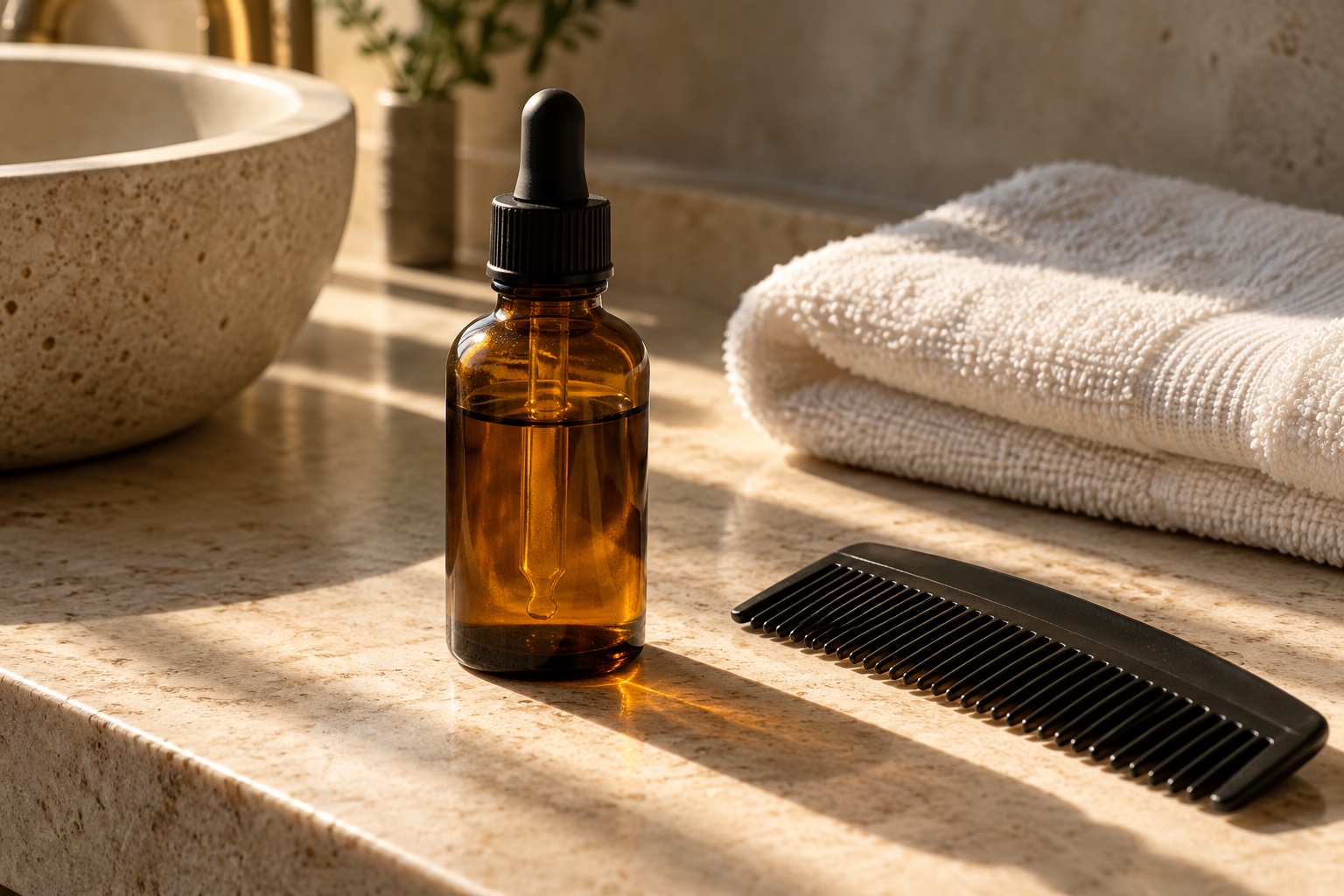 Editorial illustration of an unbranded dropper bottle, comb and towel